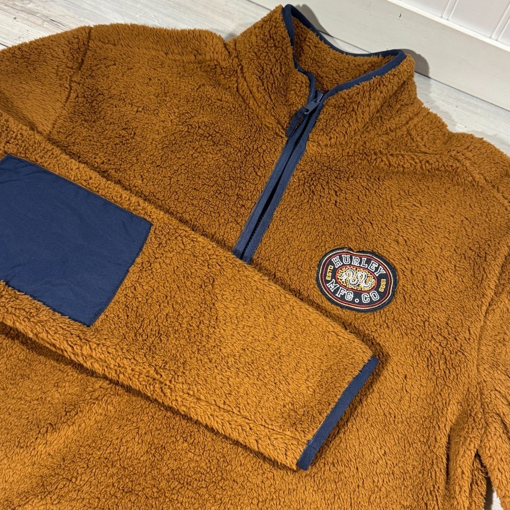 Hurley Teddy Bear 1/4 Zip Popover Fleece Elbow Patches Brown Pullover Size Small